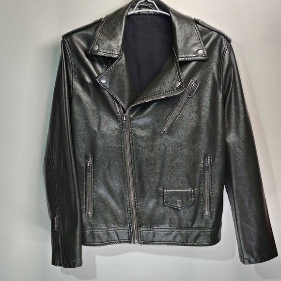 Feicui Faux Leather Biker Jacket Mens Size Medium Dark Green Moto Punk - Picture 4 of 16